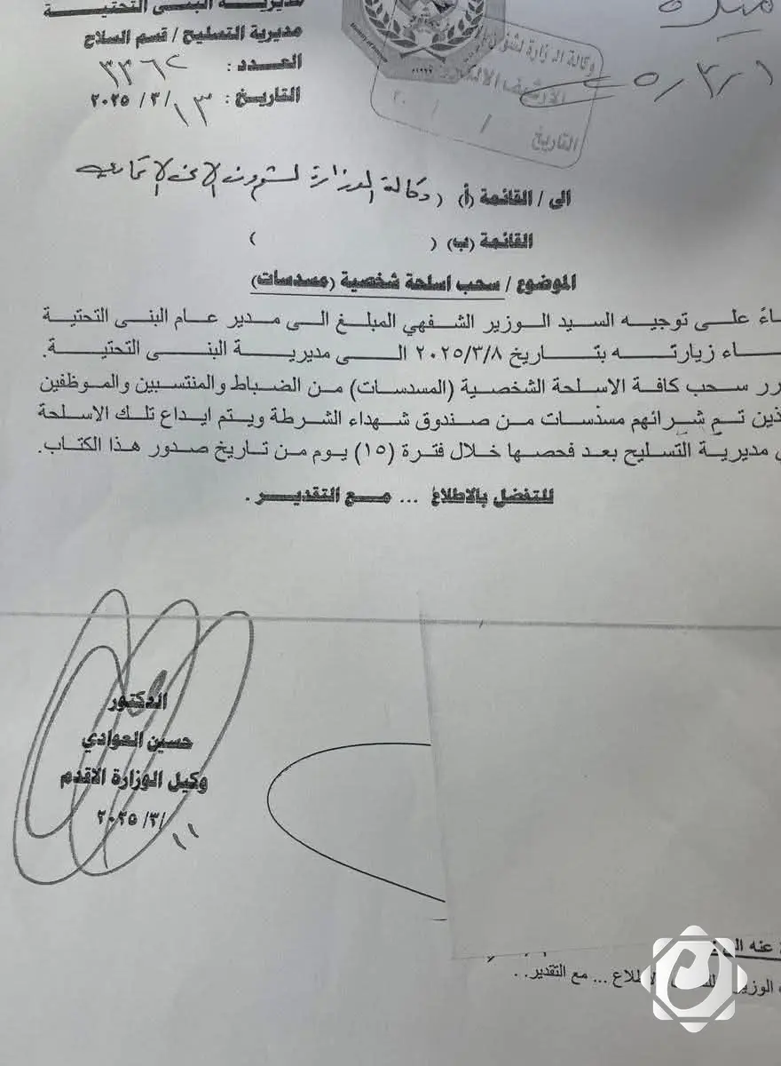 وزير الداخلية يأمر بسحب المسدسات من منتسبي الشرطة