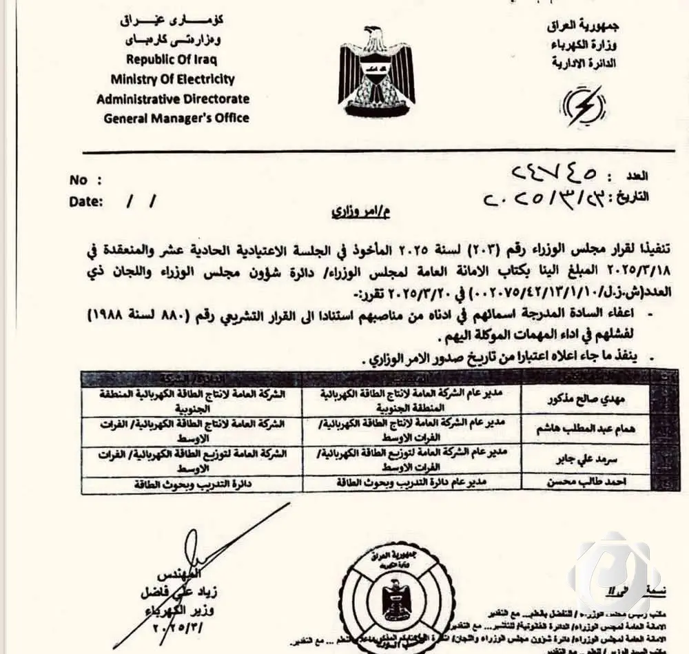 إعفاء أربعة مدراء عامين في وزارة الكهرباء بسبب الفشل الإداري