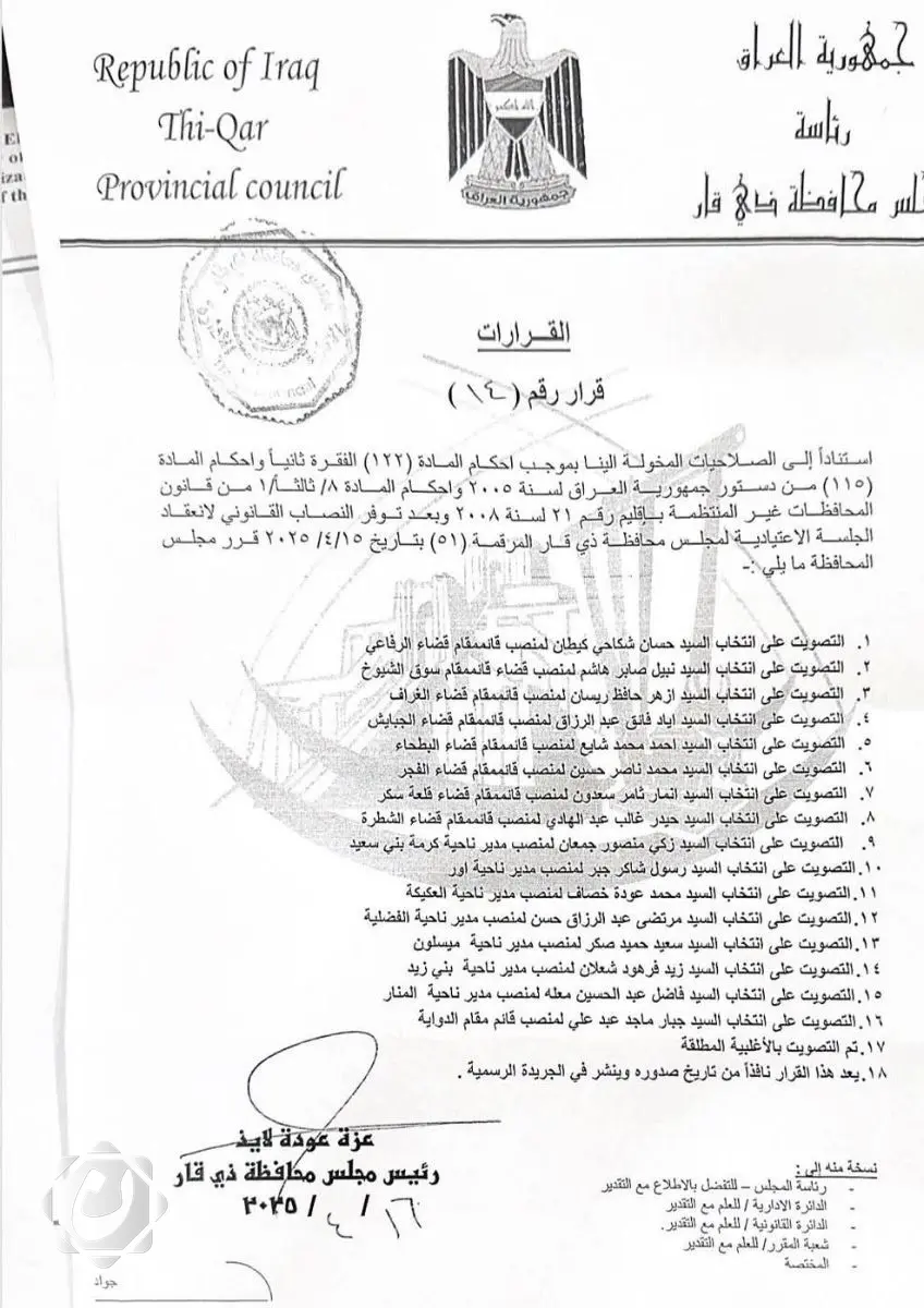 مجلس محافظة ذي قار يعتمد تعيين رؤساء الوحدات الإدارية